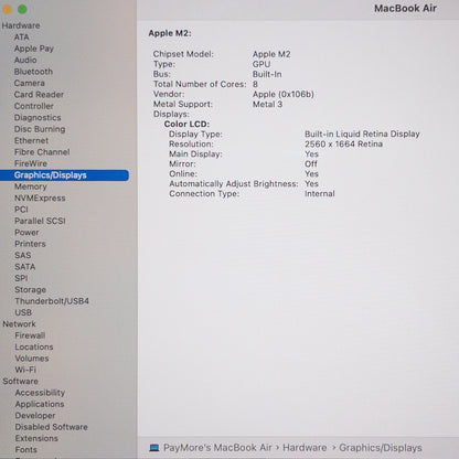 2022 Apple MacBook Air 13.6" M2 8C GPU 3.5GHz 8GB RAM 256GB SSD MLY33LL/A