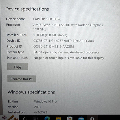 Lenovo ThinkPad P14s Gen 2 14" Ryzen 7 Pro 5850U 16GB RAM 512GB SSD Bad Batt